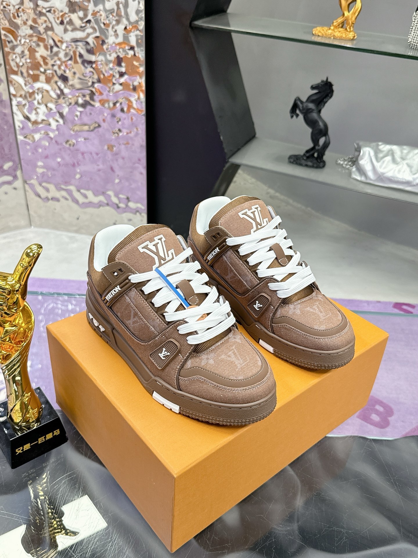 LV Trainer Sneaker Brown Monogram Denim Luxury Men's Shoes