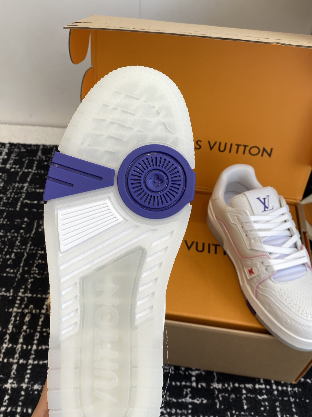 Louis Vuitton LV Trainer White Grained Leather Sneakers Purple Logo