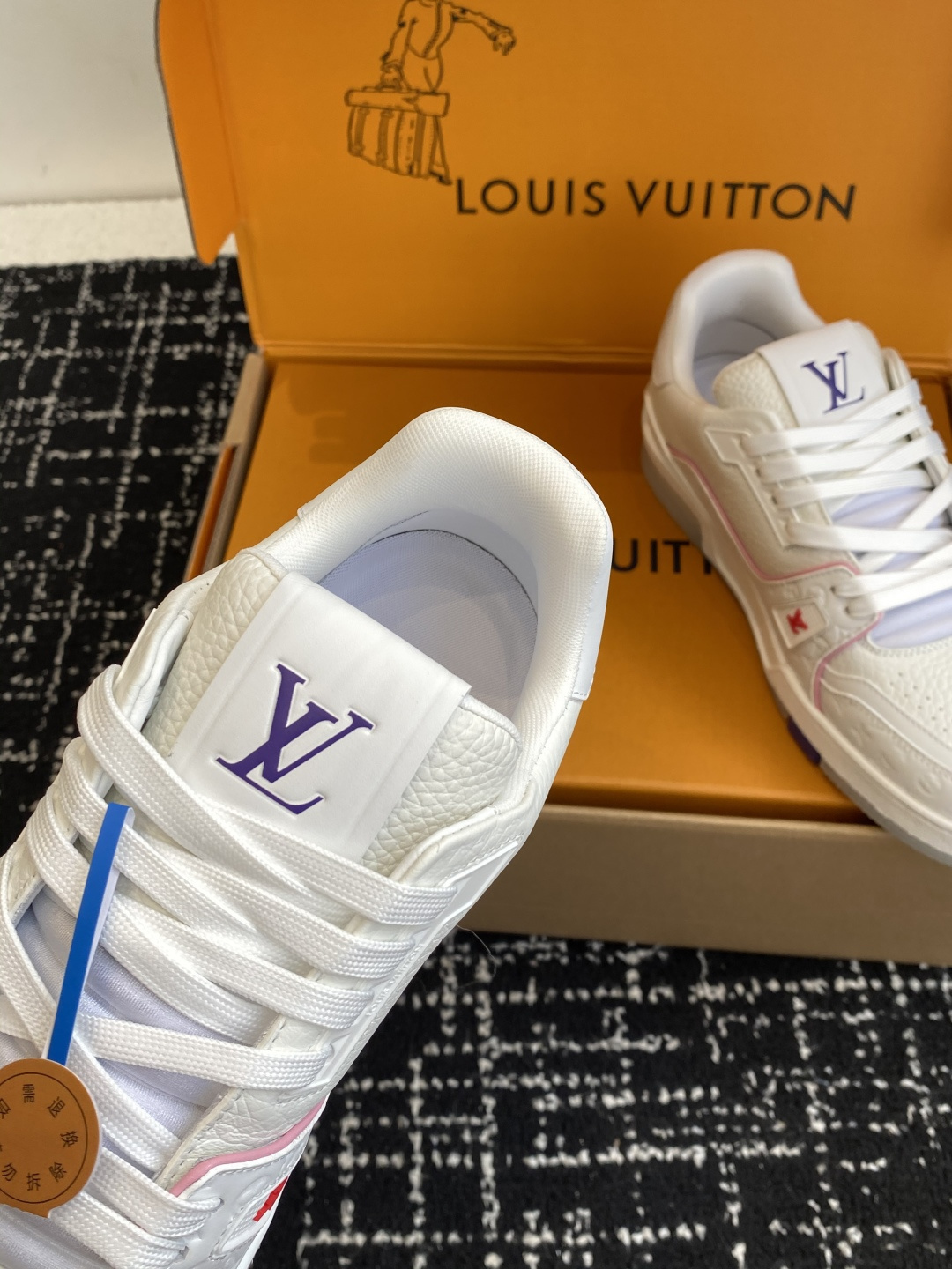 Louis Vuitton LV Trainer White Grained Leather Sneakers Purple Logo