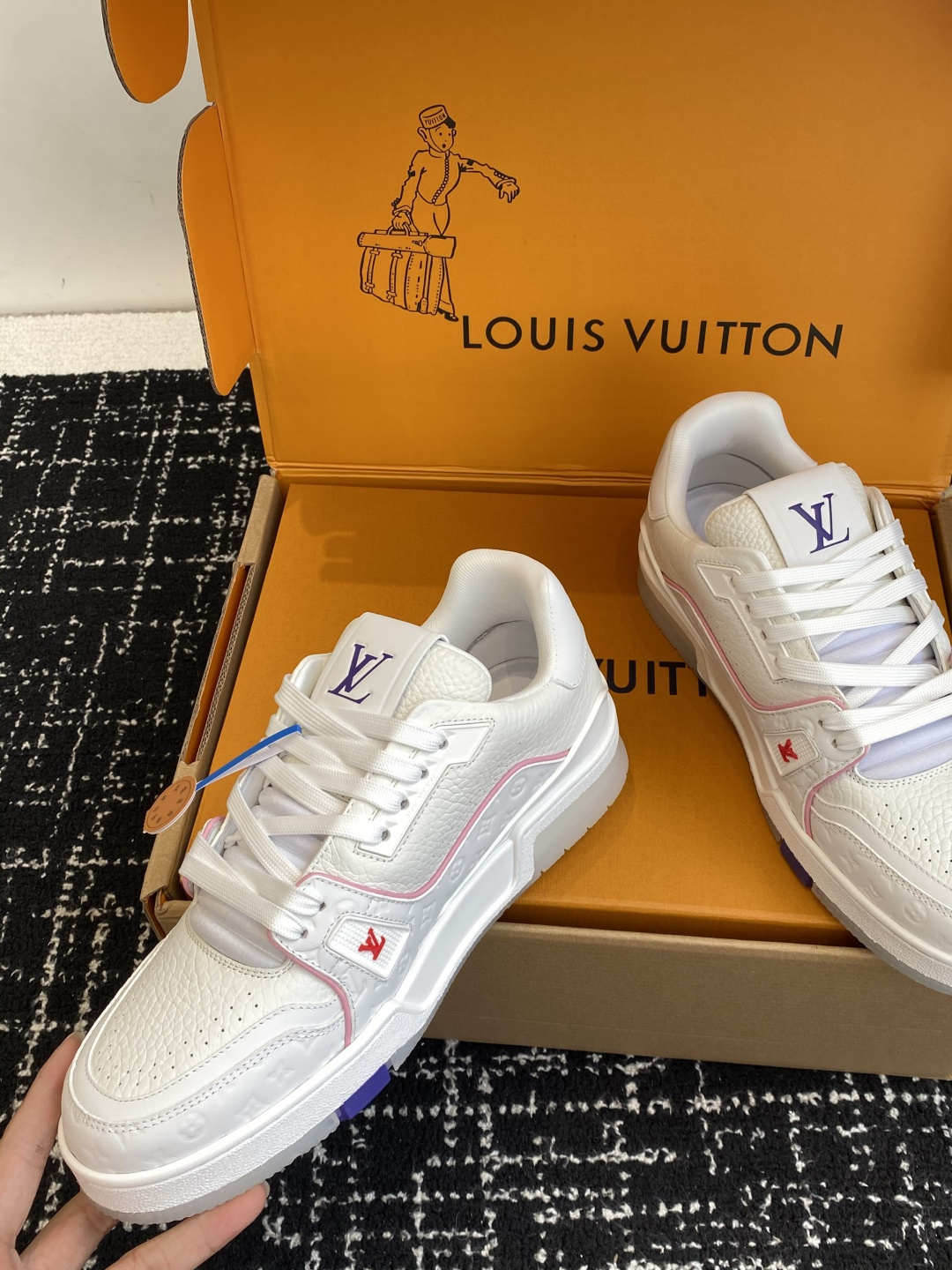 Louis Vuitton LV Trainer White Grained Leather Sneakers Purple Logo
