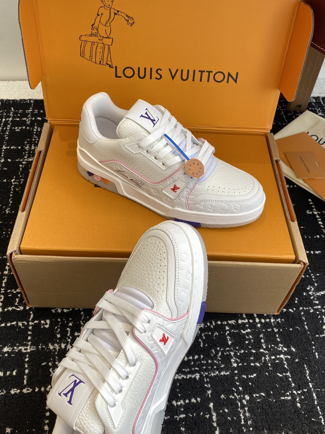 Louis Vuitton LV Trainer White Grained Leather Sneakers Purple Logo