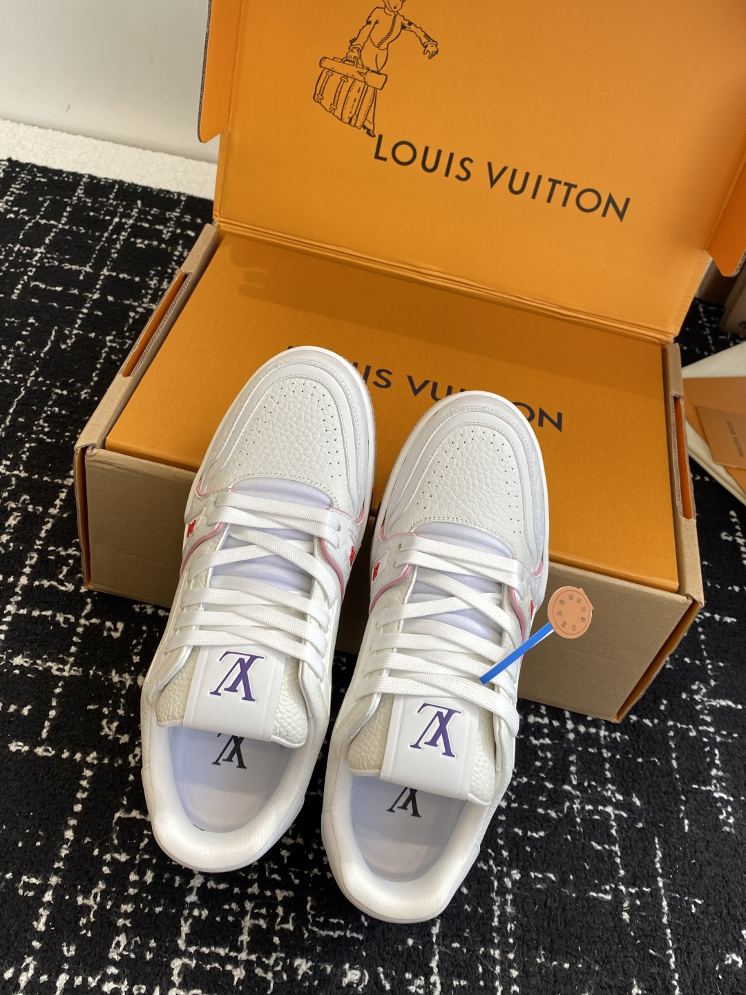 Louis Vuitton LV Trainer White Grained Leather Sneakers Purple Logo