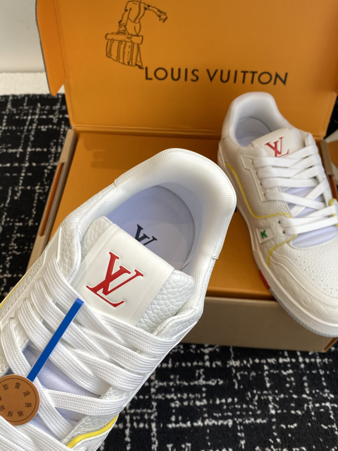 Louis Vuitton LV Trainer White Leather Sneakers - Red Logo Accents