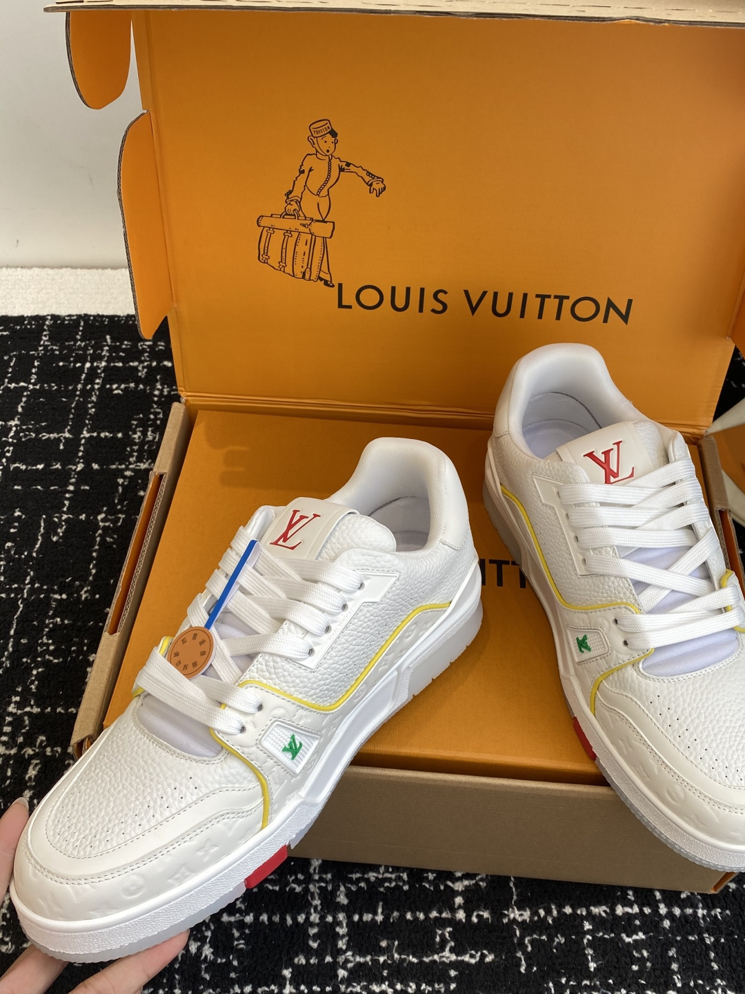 Louis Vuitton LV Trainer White Leather Sneakers - Red Logo Accents