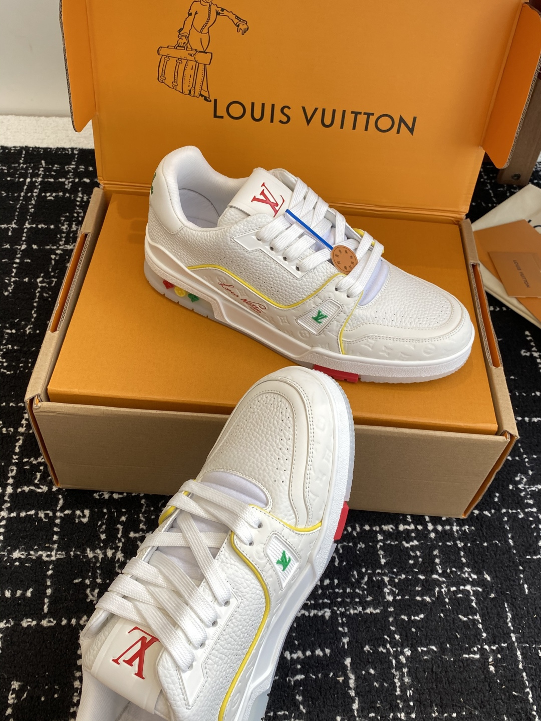 Louis Vuitton LV Trainer White Leather Sneakers - Red Logo Accents