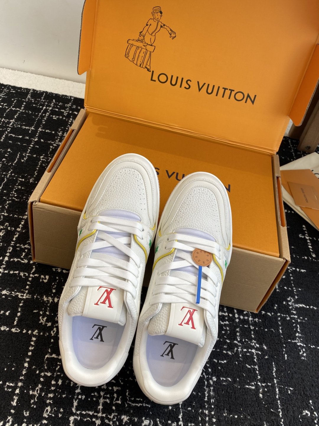 Louis Vuitton LV Trainer White Leather Sneakers - Red Logo Accents