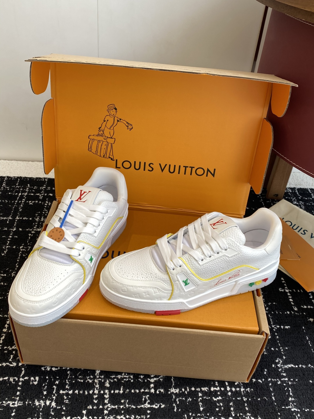 Louis Vuitton LV Trainer White Leather Sneakers - Red Logo Accents