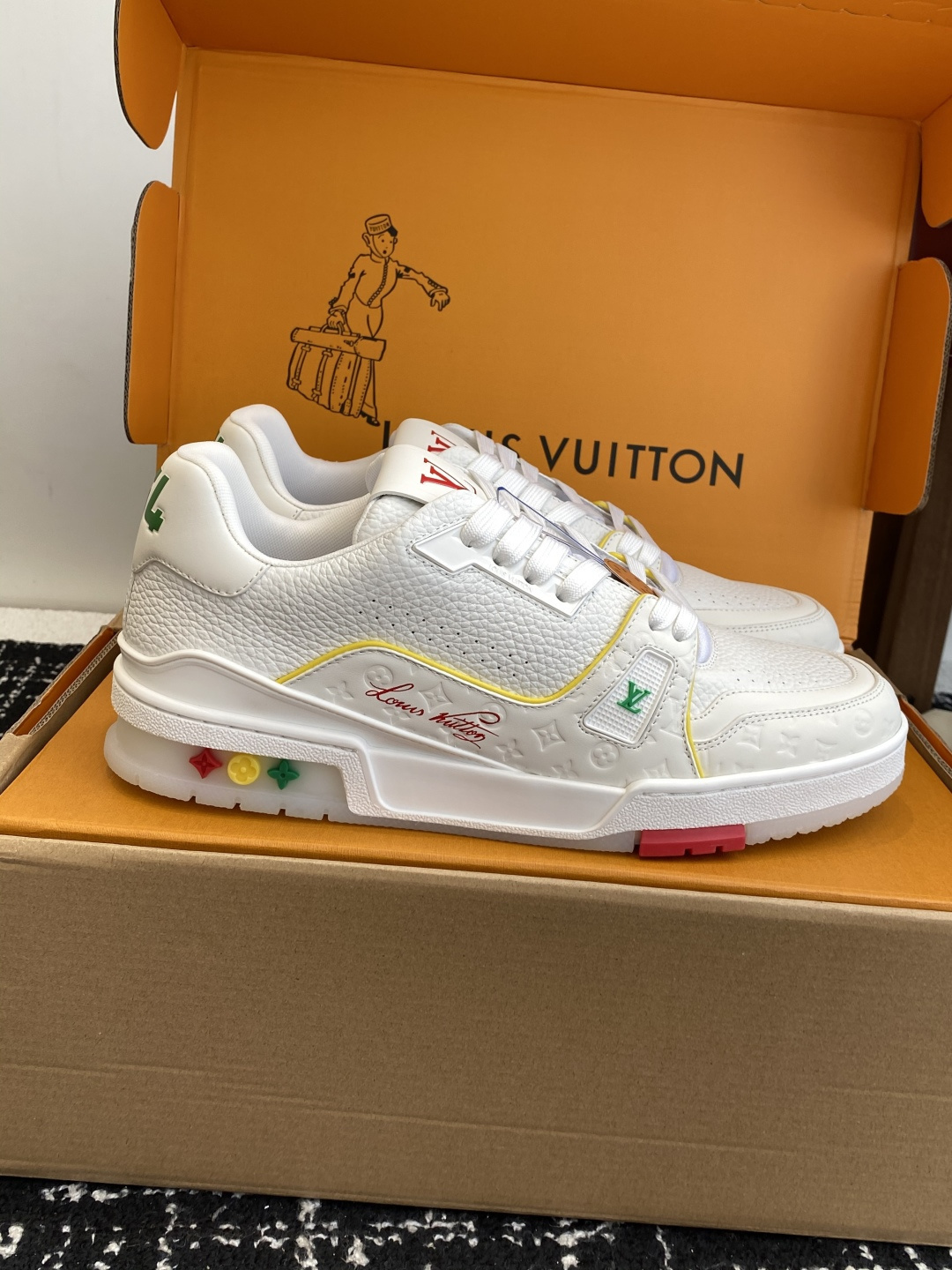 Louis Vuitton LV Trainer White Leather Sneakers - Red Logo Accents