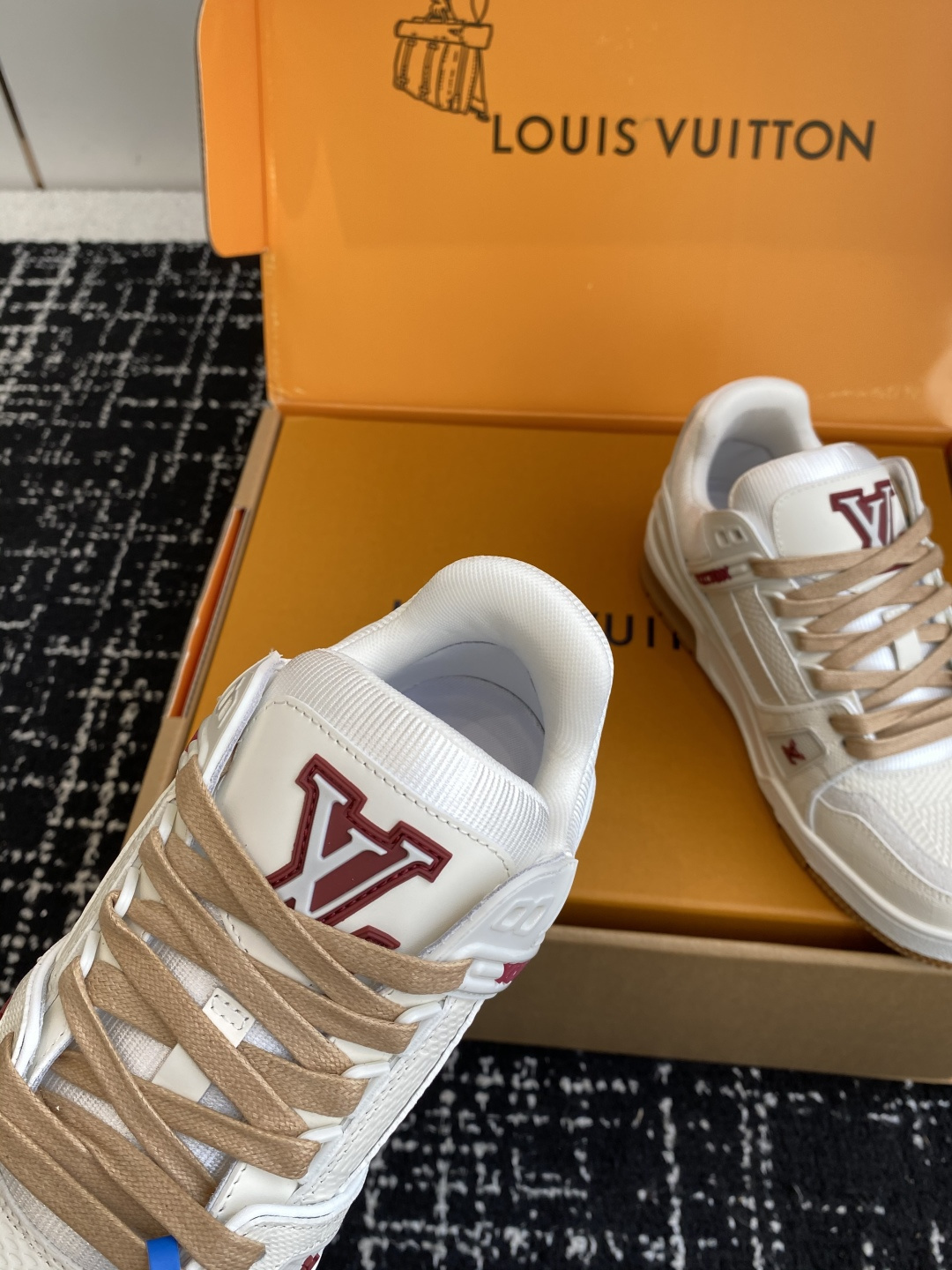 Louis Vuitton Trainer Sneakers - White Burgundy & Beige Laces