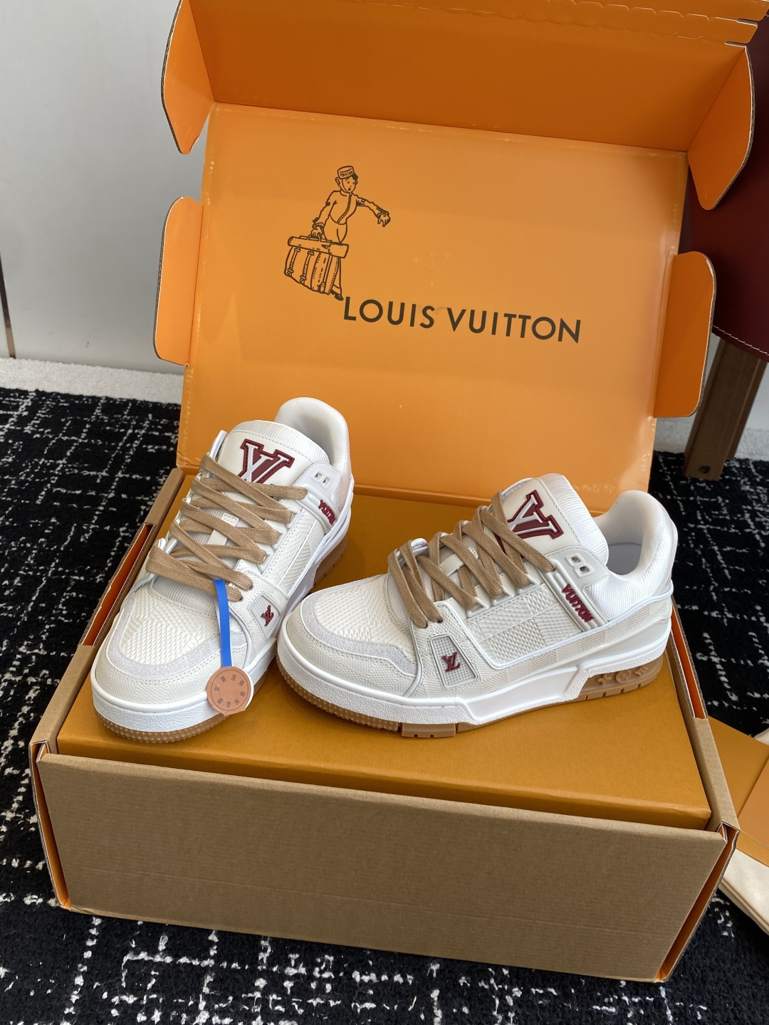 Louis Vuitton Trainer Sneakers - White Burgundy & Beige Laces