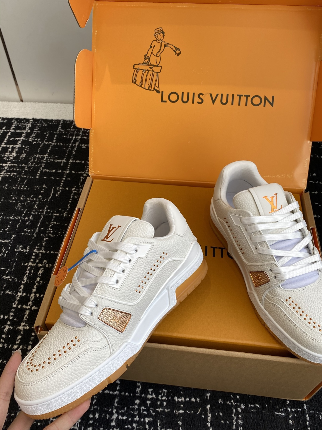 Louis Vuitton LV Trainer Sneaker White Grained Leather with Studs