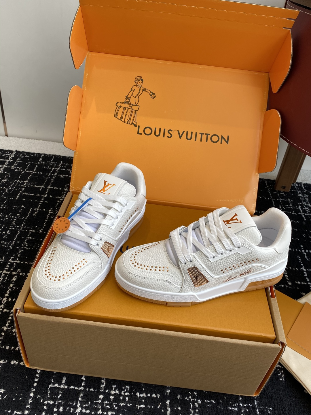 Louis Vuitton LV Trainer Sneaker White Grained Leather with Studs