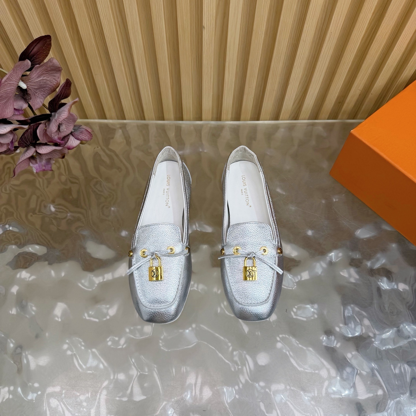 Louis Vuitton Silver Metallic Grained Leather Loafers with LV Lock