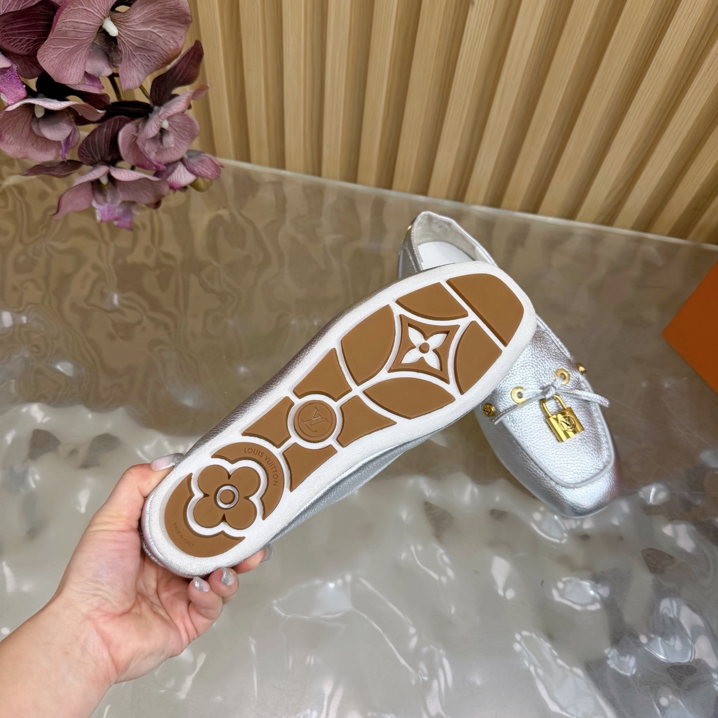 Louis Vuitton Silver Metallic Grained Leather Loafers with LV Lock