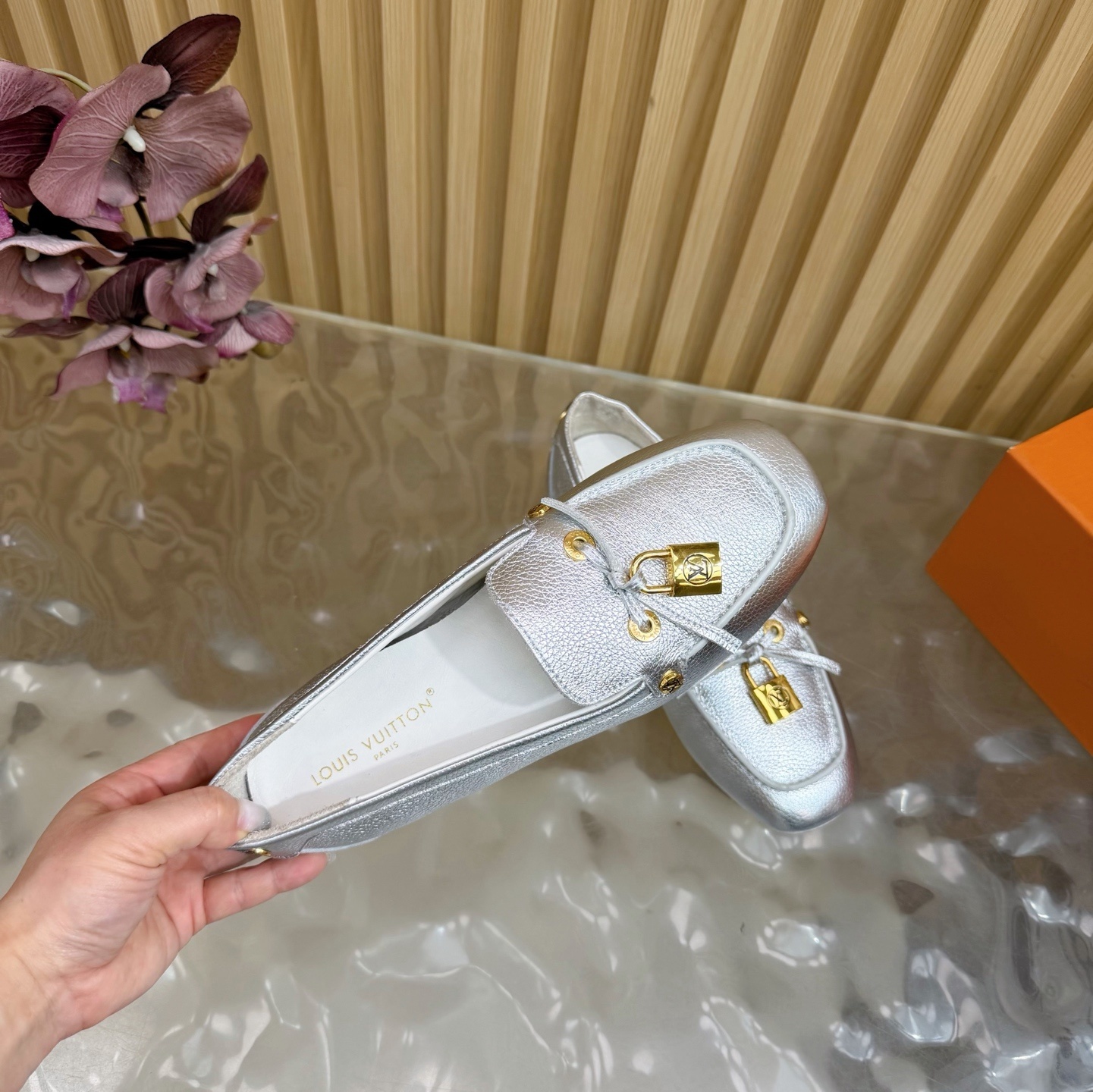 Louis Vuitton Silver Metallic Grained Leather Loafers with LV Lock