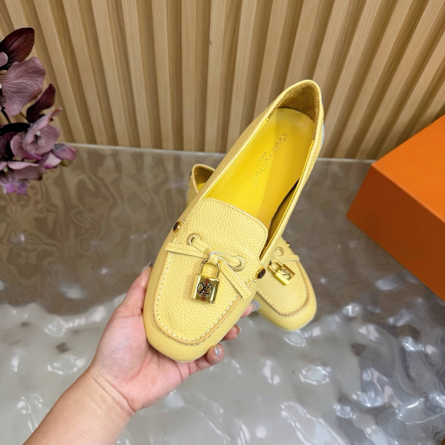 Louis Vuitton Women's Pale Yellow Grained Leather Loafers