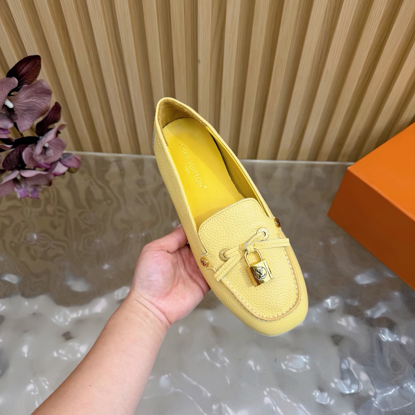 Louis Vuitton Women's Pale Yellow Grained Leather Loafers