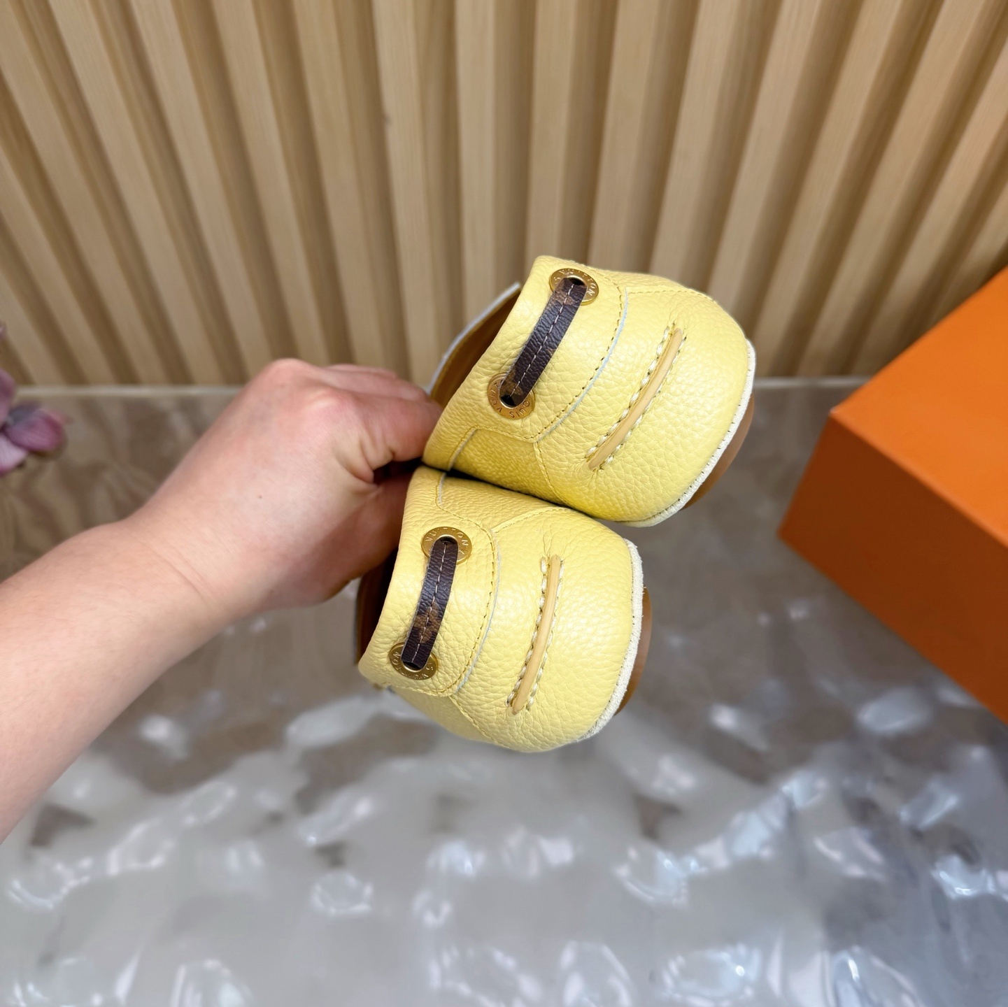 Louis Vuitton Women's Pale Yellow Grained Leather Loafers