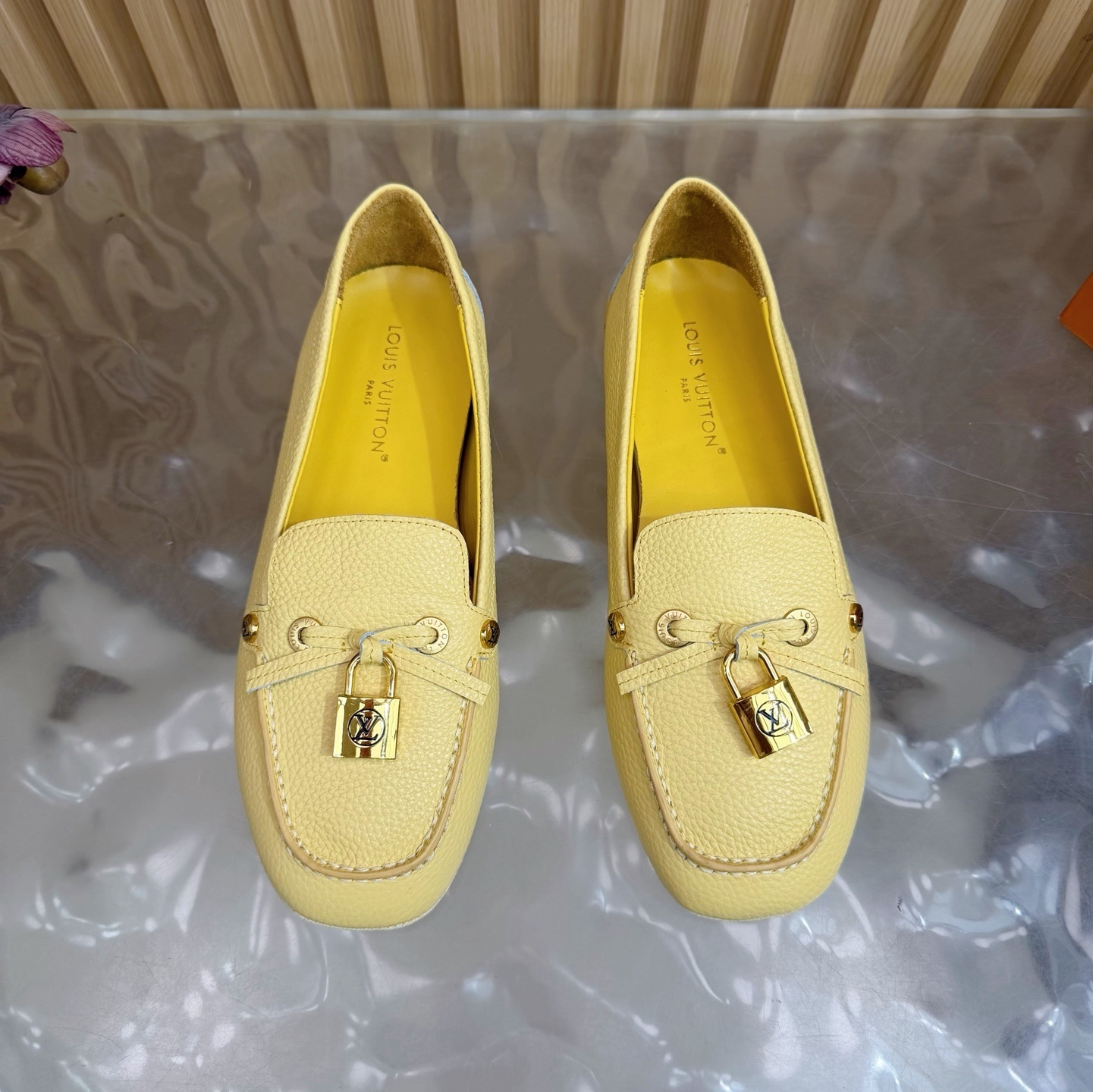 Louis Vuitton Women's Pale Yellow Grained Leather Loafers