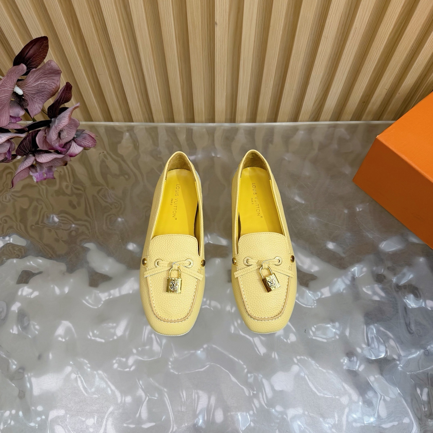 Louis Vuitton Women's Pale Yellow Grained Leather Loafers
