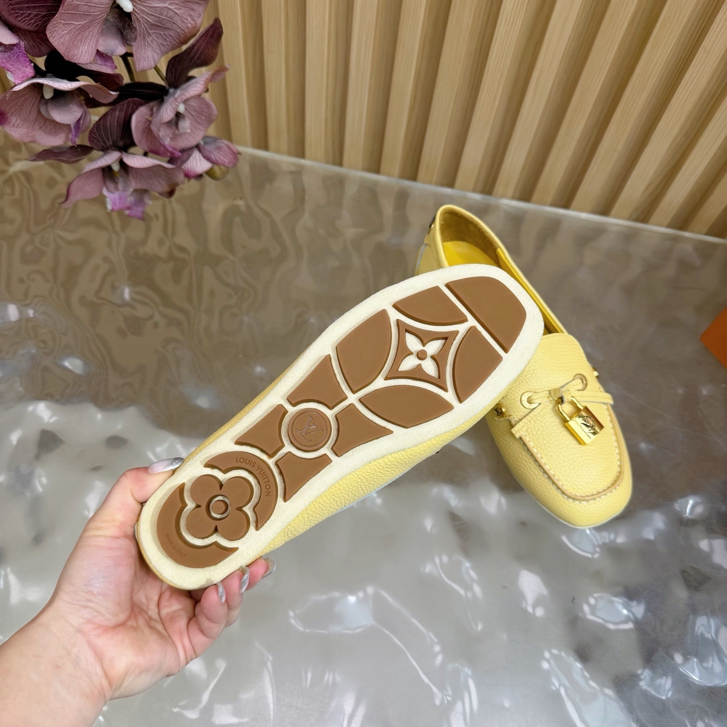 Louis Vuitton Women's Pale Yellow Grained Leather Loafers