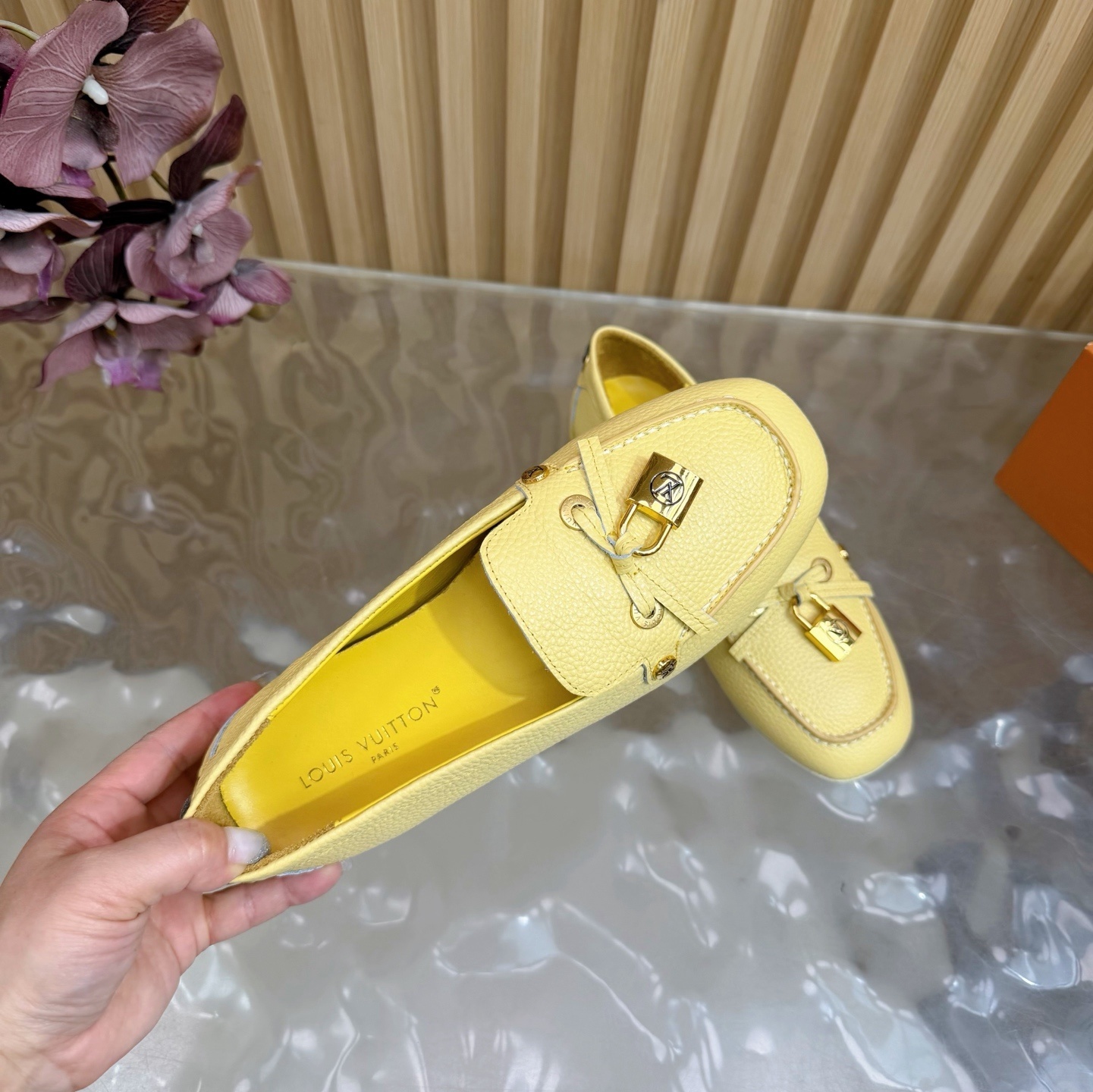Louis Vuitton Women's Pale Yellow Grained Leather Loafers