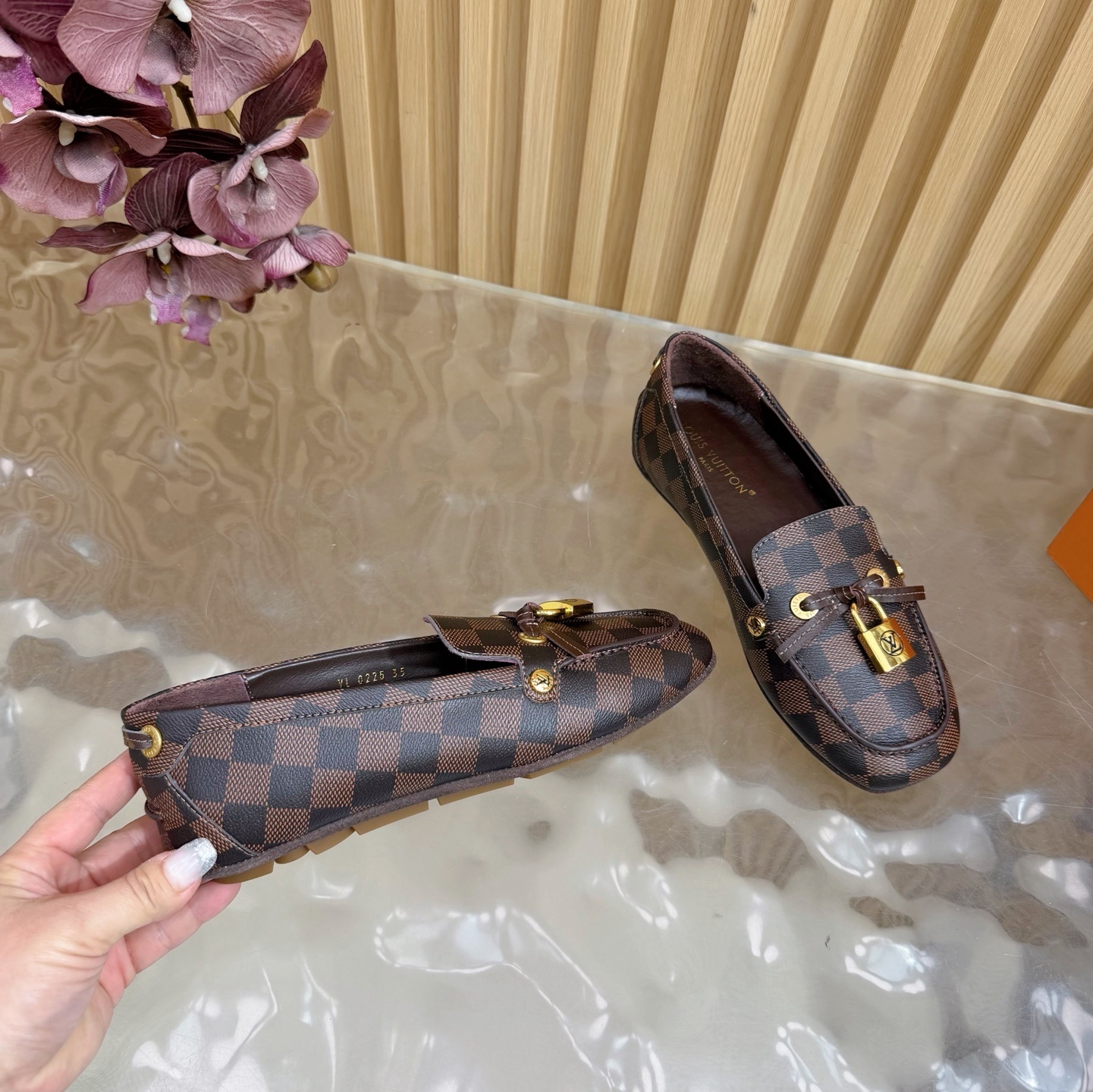 Louis Vuitton Damier Ebene Loafers with Gold Padlock Detail