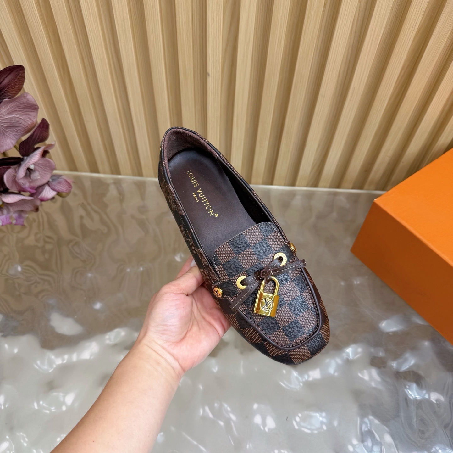 Louis Vuitton Damier Ebene Loafers with Gold Padlock Detail