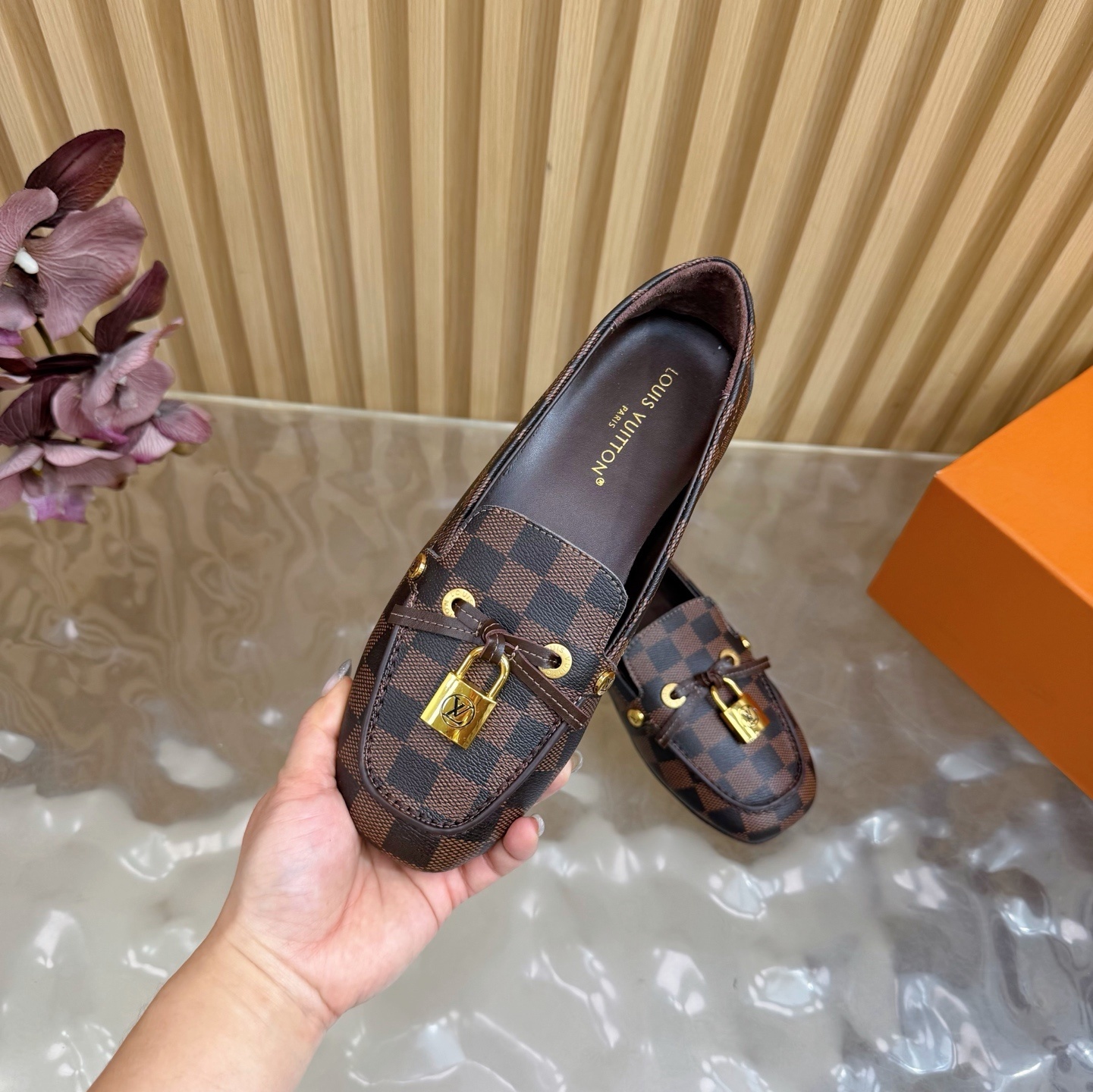 Louis Vuitton Damier Ebene Loafers with Gold Padlock Detail