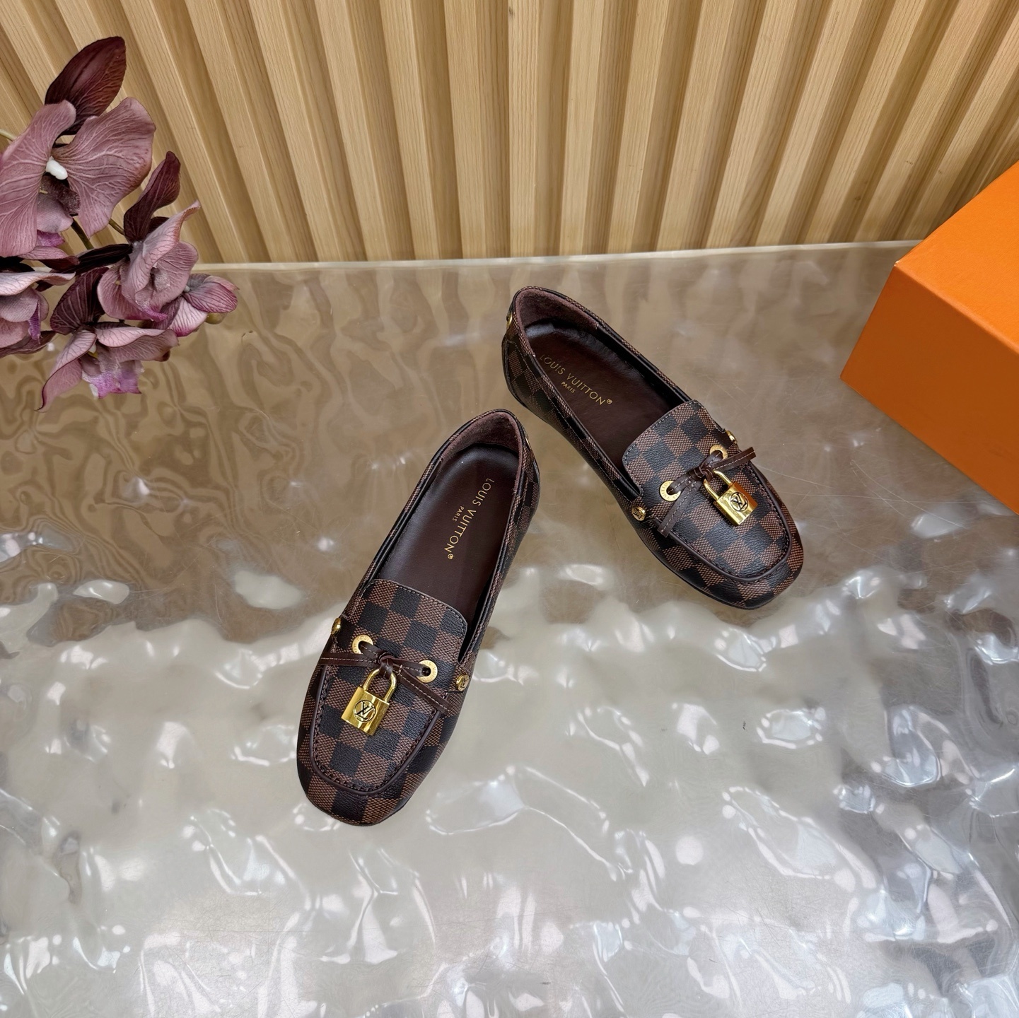 Louis Vuitton Damier Ebene Loafers with Gold Padlock Detail