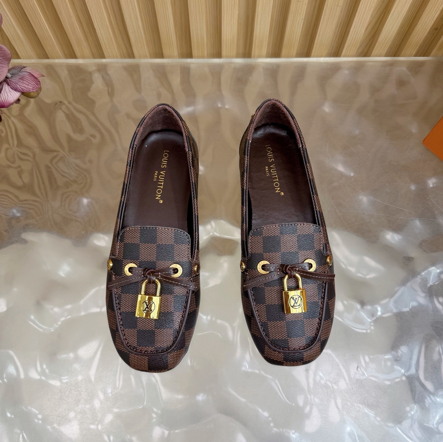 Louis Vuitton Damier Ebene Loafers with Gold Padlock Detail