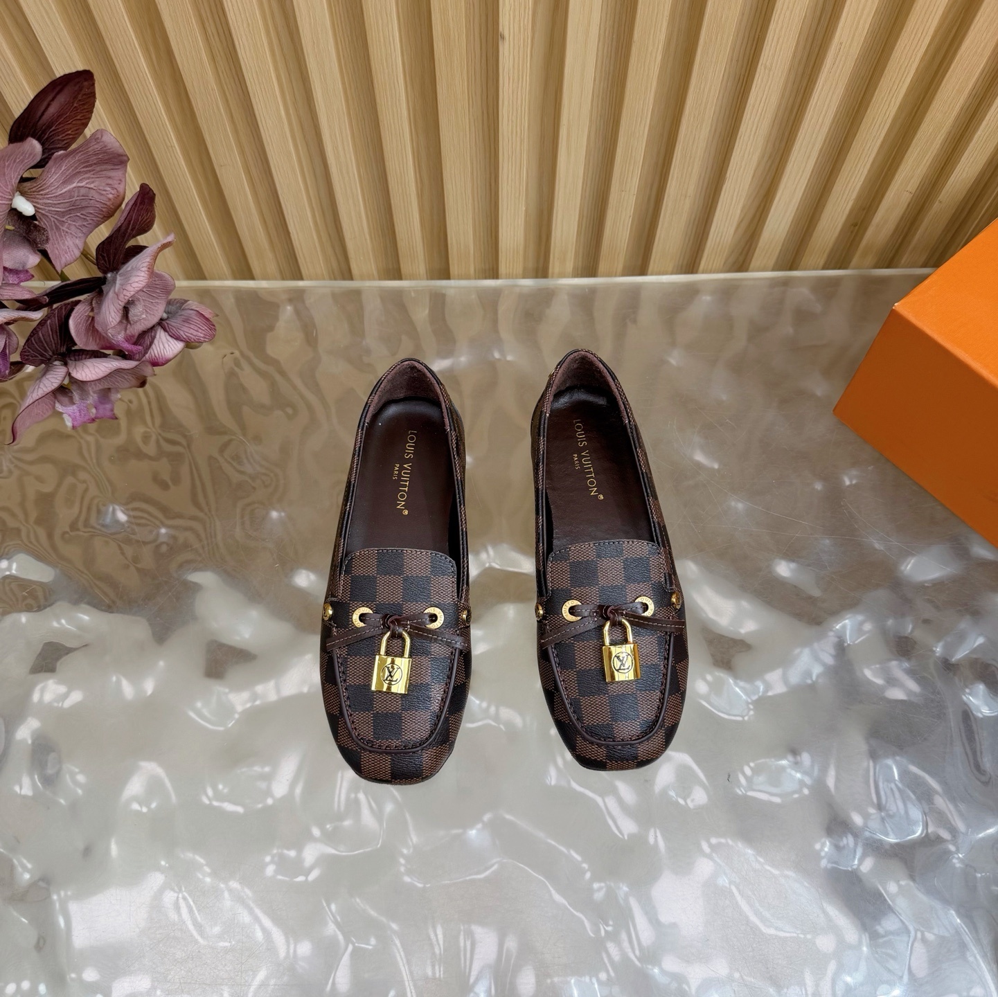Louis Vuitton Damier Ebene Loafers with Gold Padlock Detail