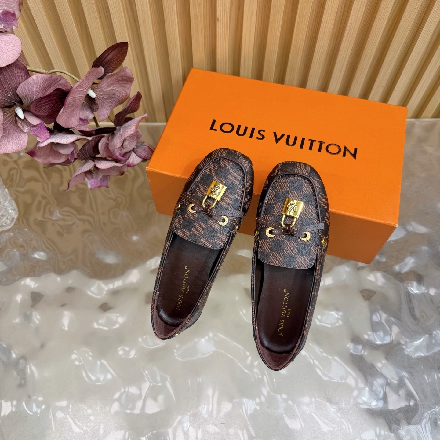 Louis Vuitton Damier Ebene Loafers with Gold Padlock Detail