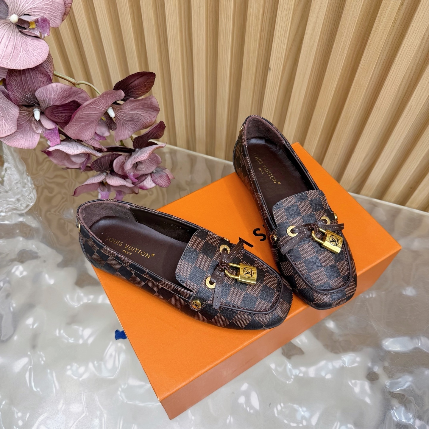 Louis Vuitton Damier Ebene Loafers with Gold Padlock Detail