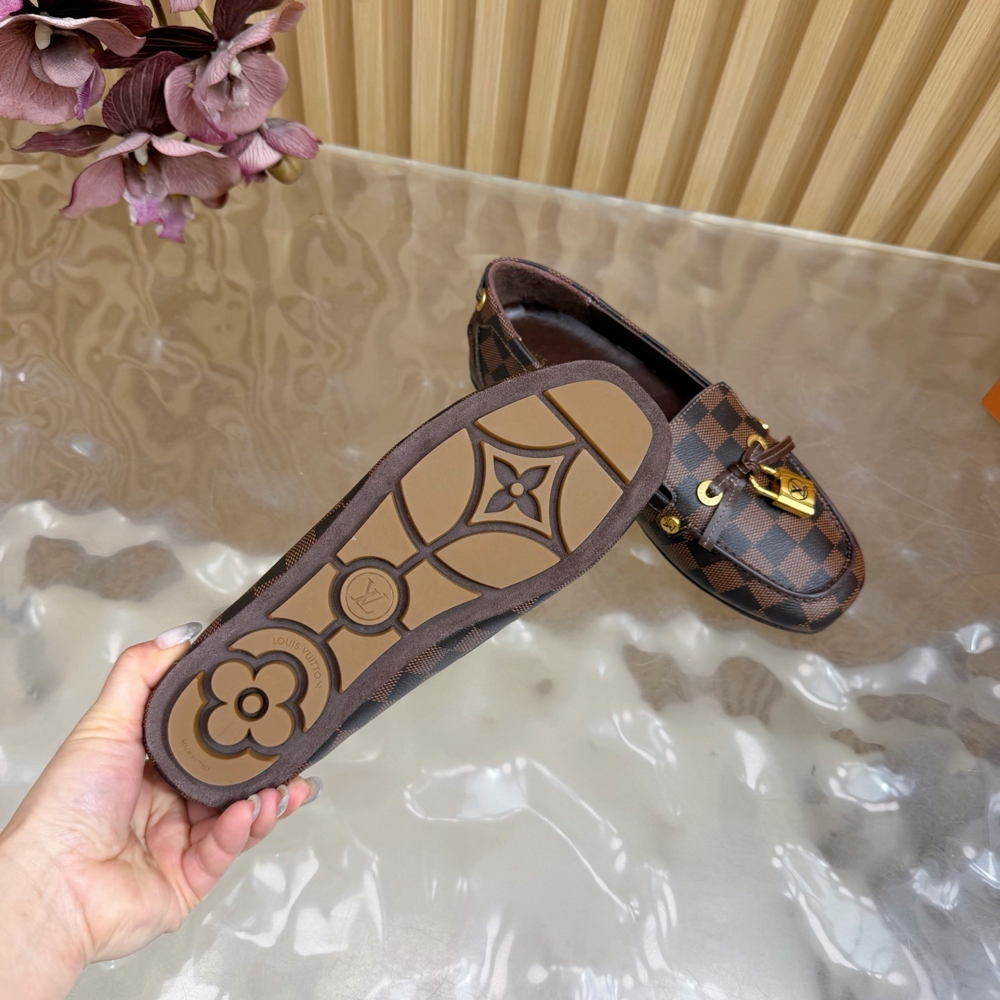 Louis Vuitton Damier Ebene Loafers with Gold Padlock Detail