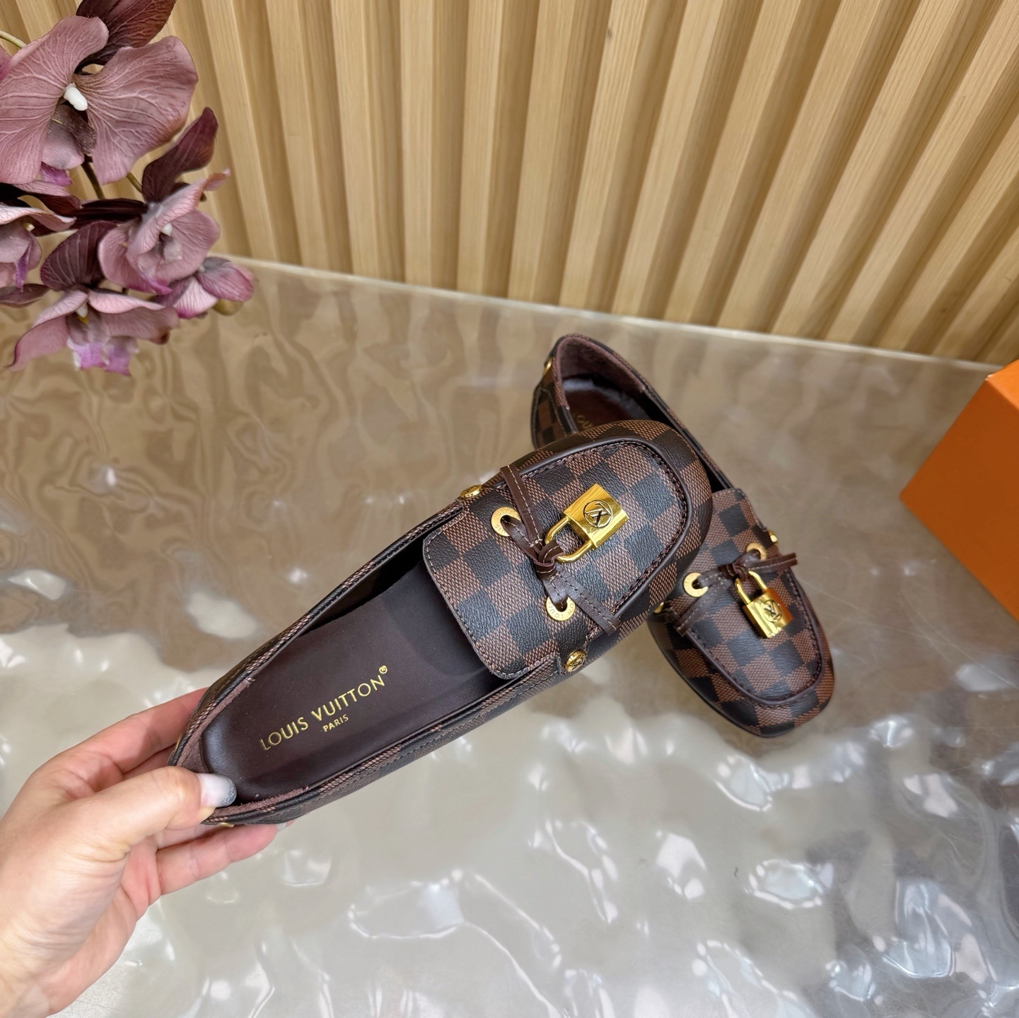 Louis Vuitton Damier Ebene Loafers with Gold Padlock Detail