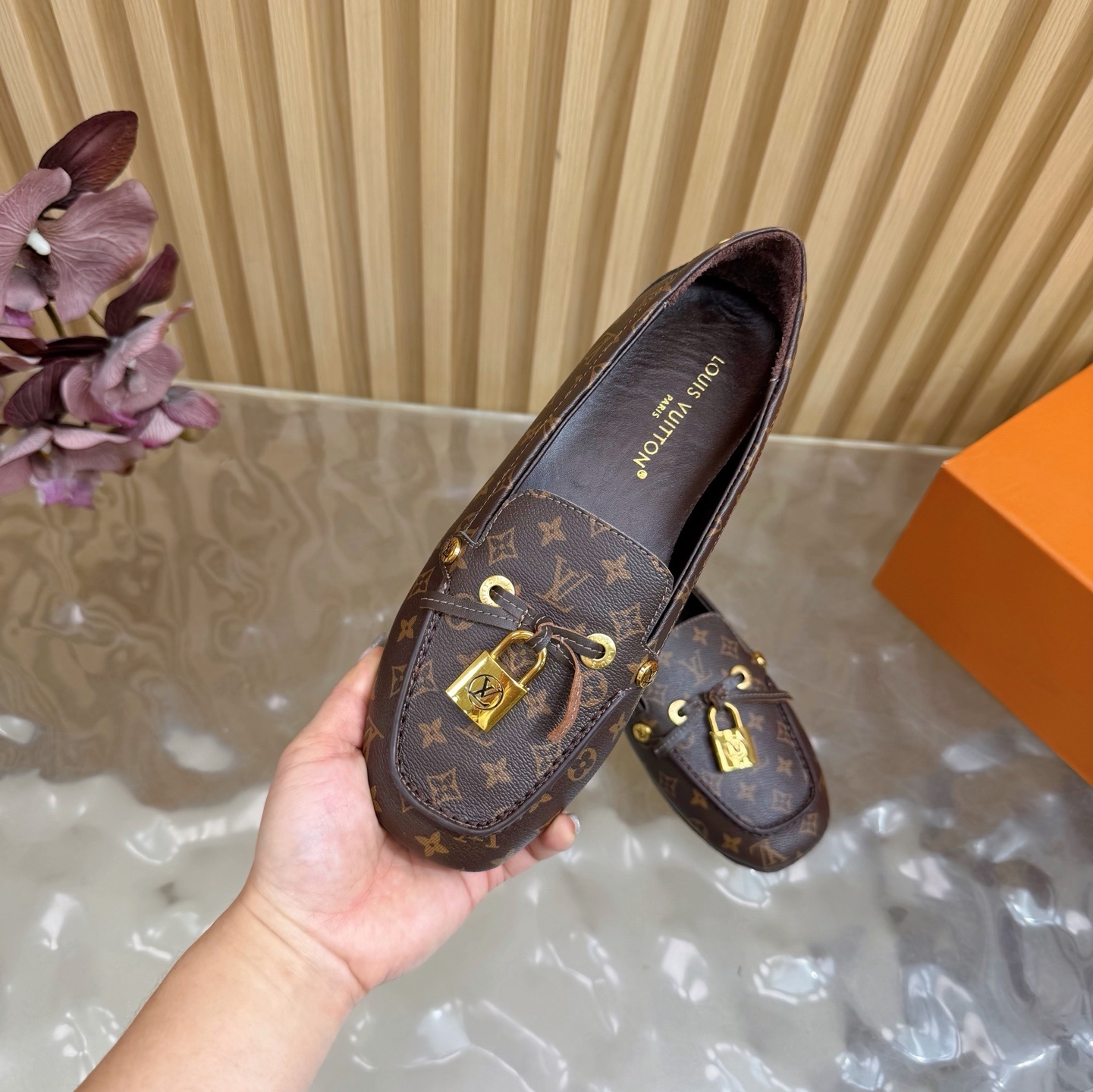 Louis Vuitton Monogram Women's Loafers with Gold Padlock Detail