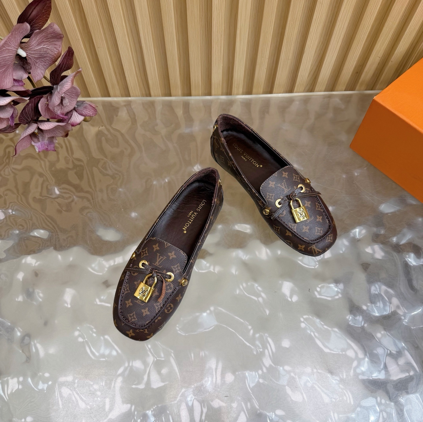 Louis Vuitton Monogram Women's Loafers with Gold Padlock Detail