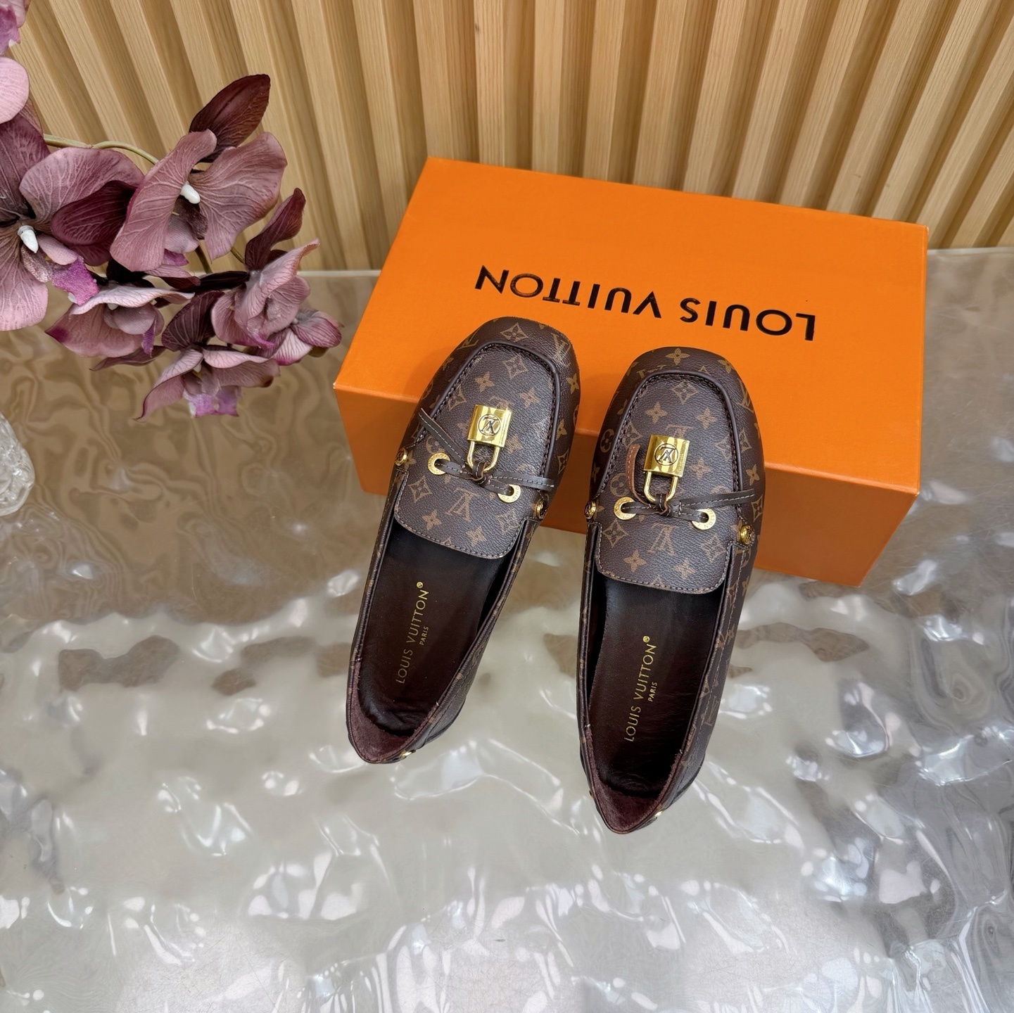 Louis Vuitton Monogram Women's Loafers with Gold Padlock Detail