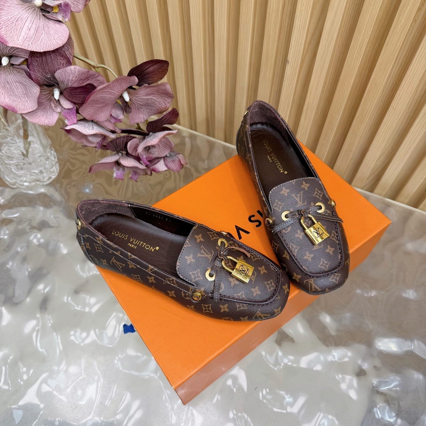 Louis Vuitton Monogram Women's Loafers with Gold Padlock Detail