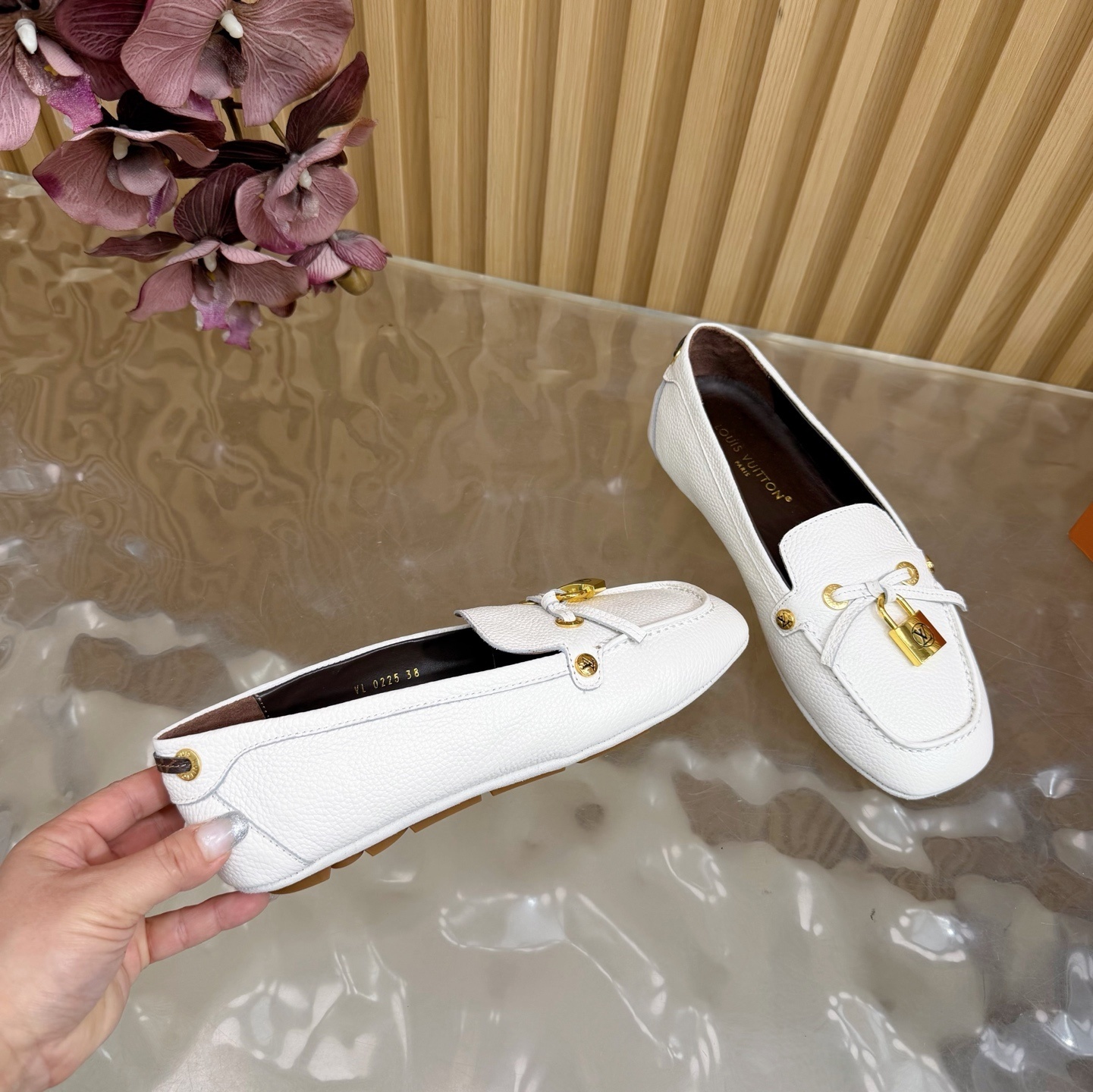 Louis Vuitton White Grained Leather Loafers with Gold Padlock