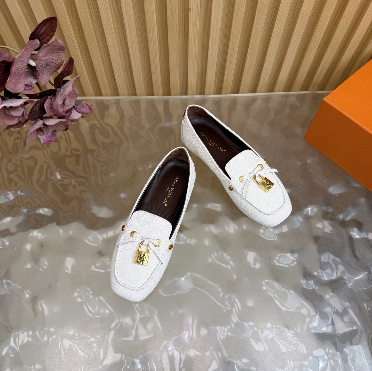 Louis Vuitton White Grained Leather Loafers with Gold Padlock