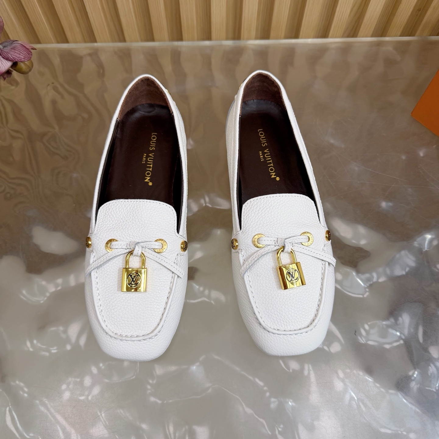 Louis Vuitton White Grained Leather Loafers with Gold Padlock