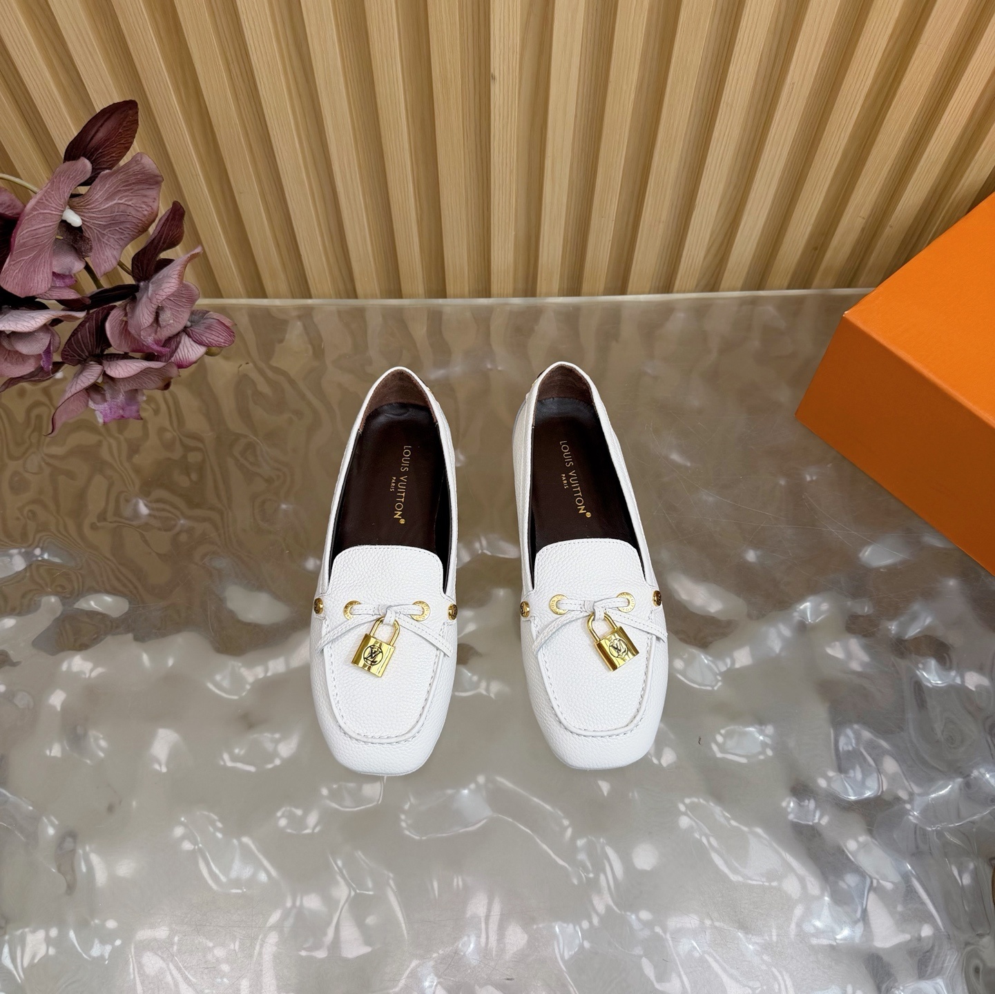 Louis Vuitton White Grained Leather Loafers with Gold Padlock