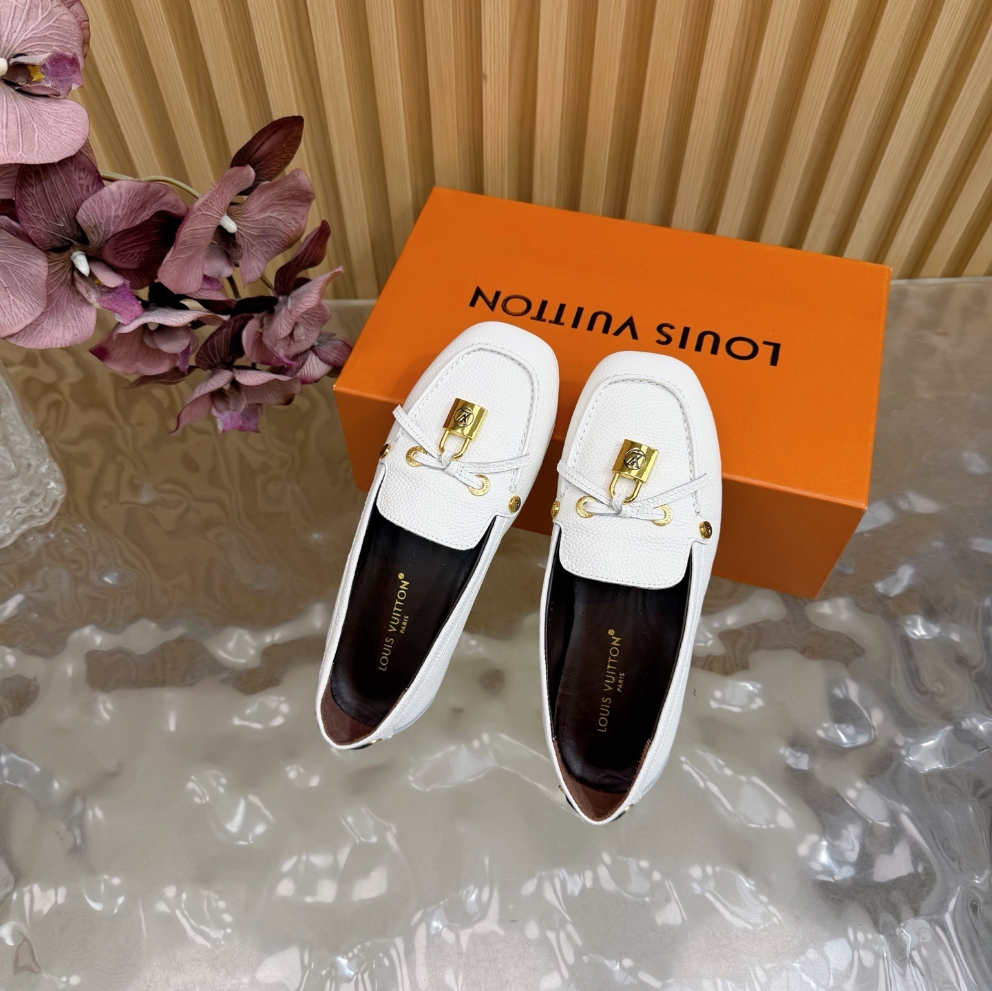 Louis Vuitton White Grained Leather Loafers with Gold Padlock