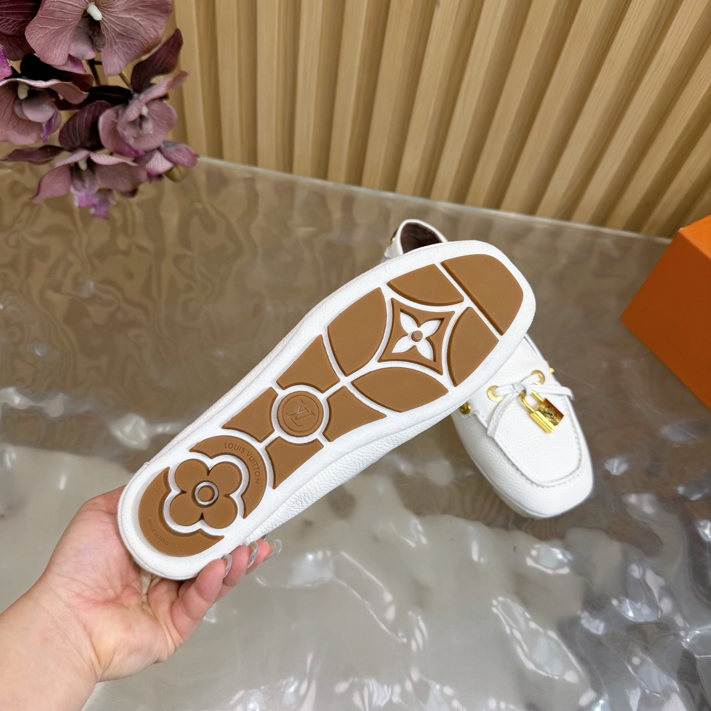 Louis Vuitton White Grained Leather Loafers with Gold Padlock