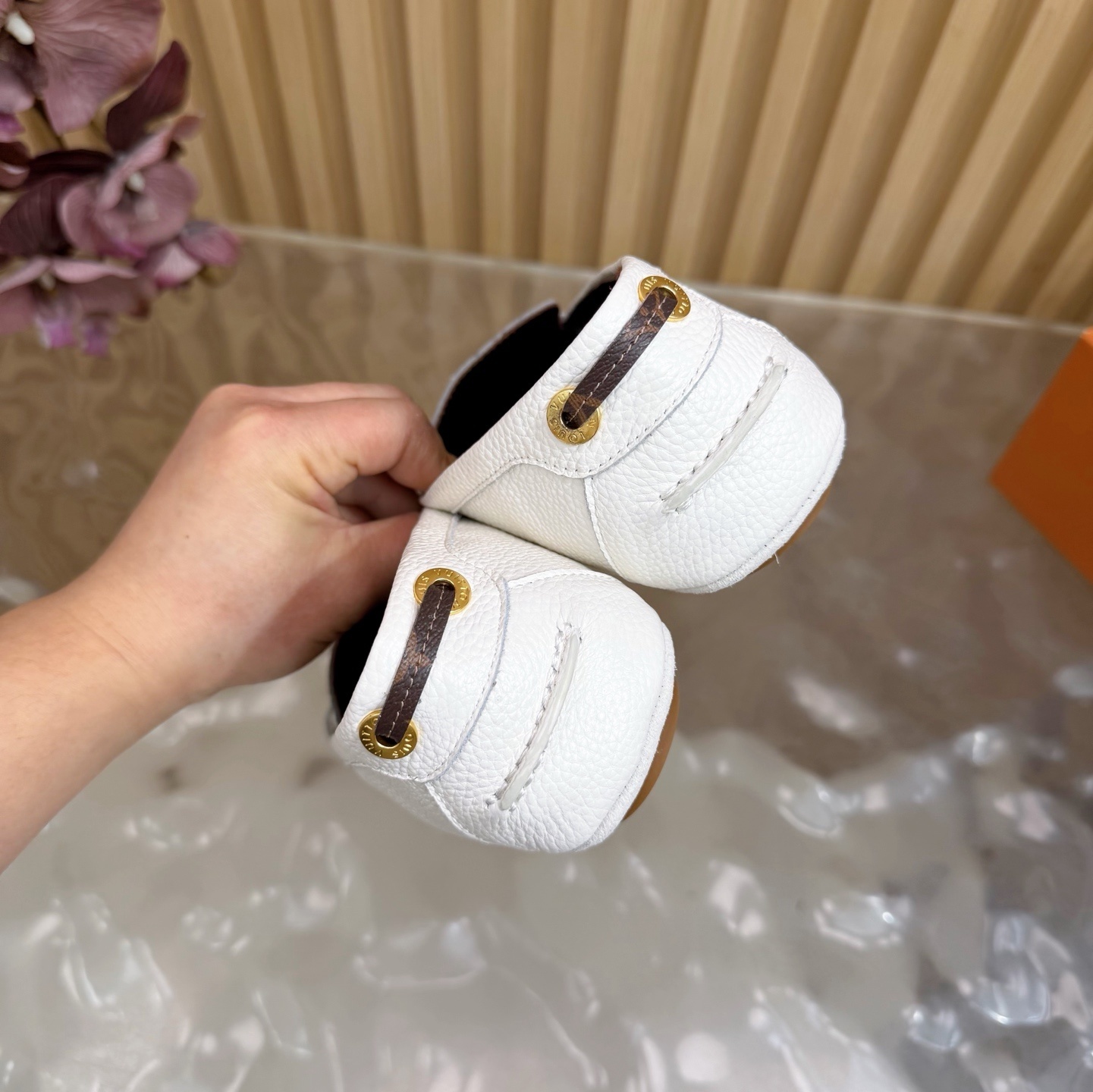 Louis Vuitton White Grained Leather Loafers with Gold Padlock