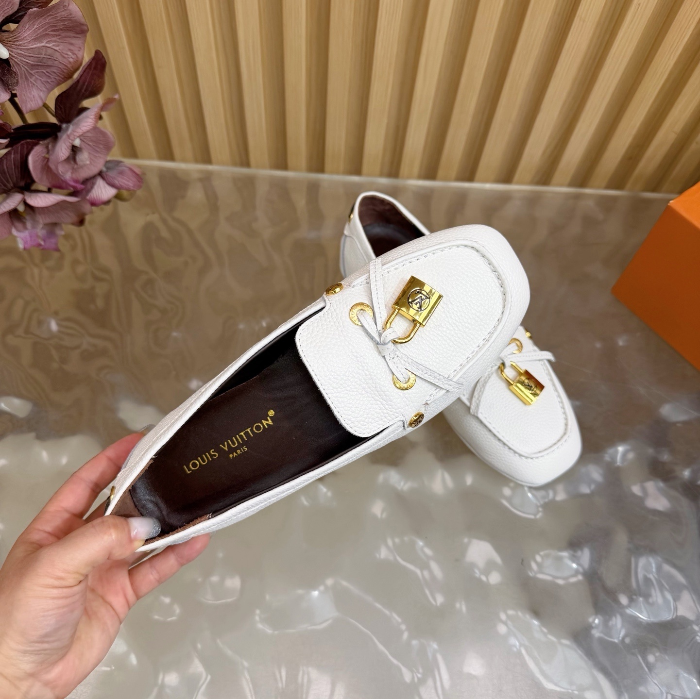 Louis Vuitton White Grained Leather Loafers with Gold Padlock