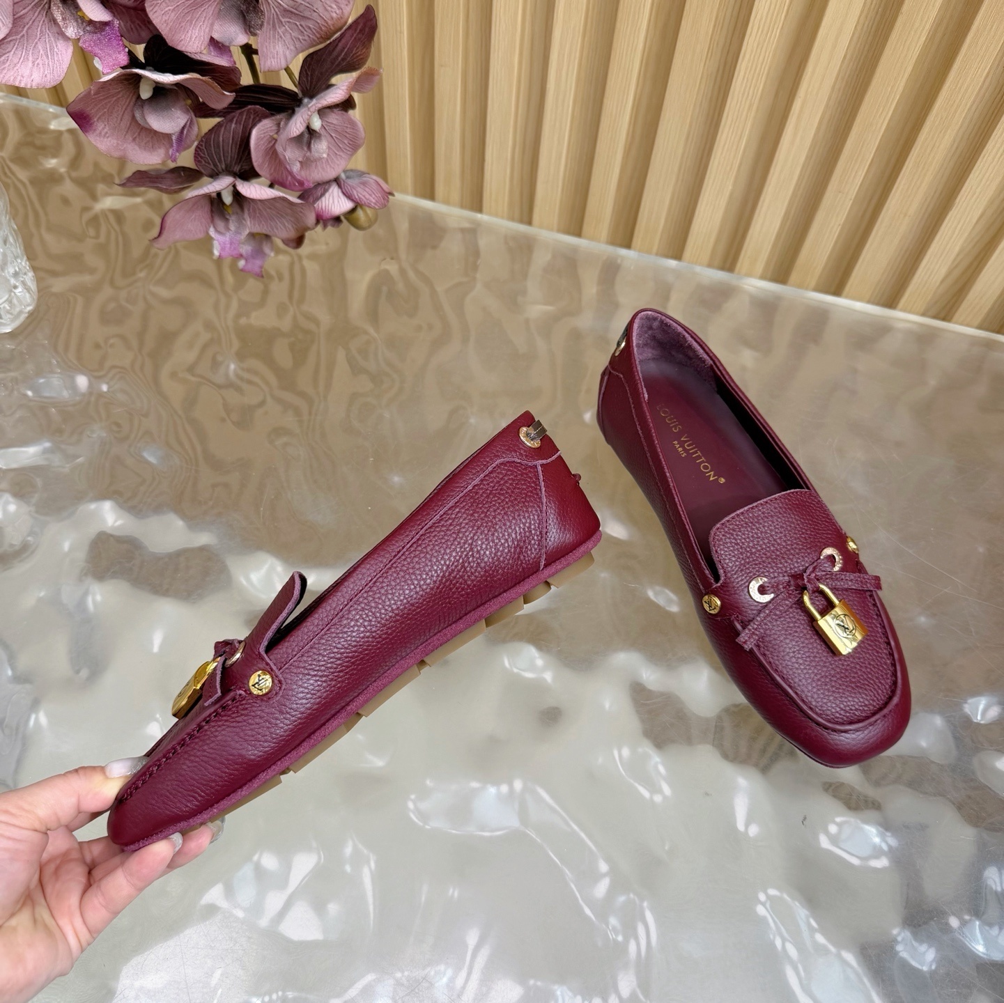 Louis Vuitton Women's Burgundy Leather Loafers with Gold Padlock