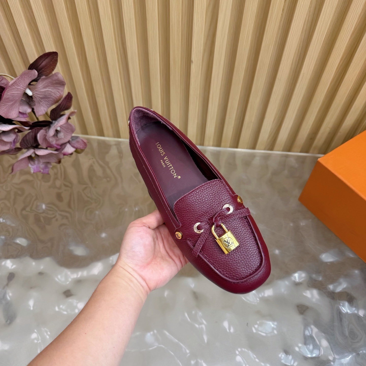 Louis Vuitton Women's Burgundy Leather Loafers with Gold Padlock